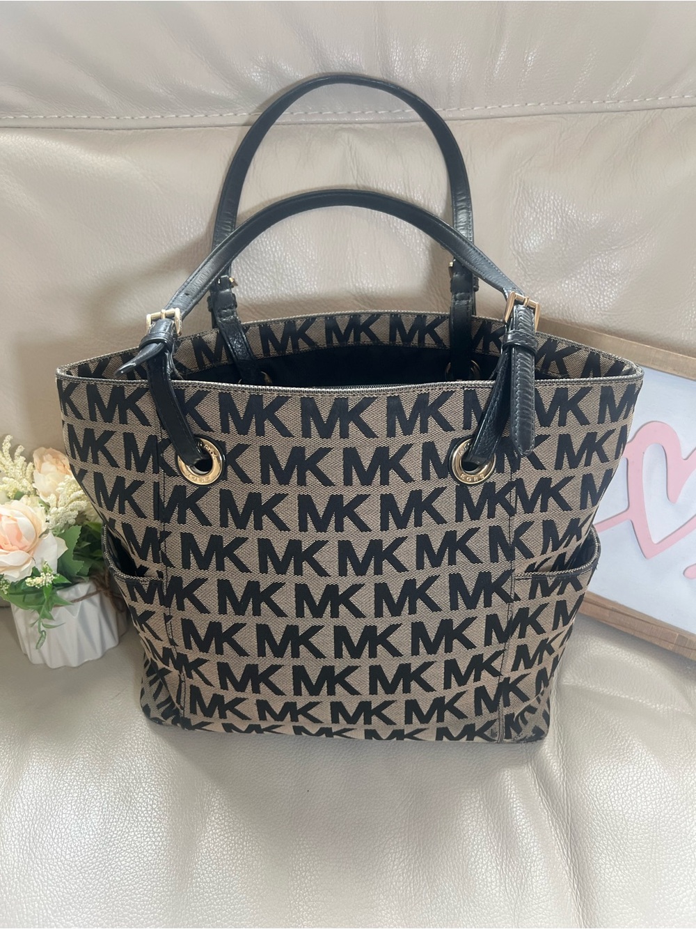 Michael Kors Brown and Black Jet Set Logo Tote in Black and Tan